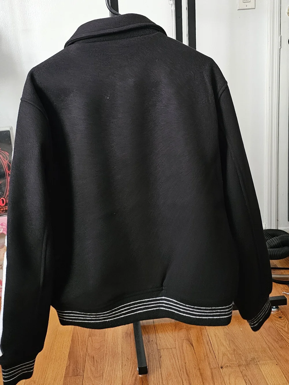 Black Wool Bomber Jacket with White Sleeve Bone Appliqué